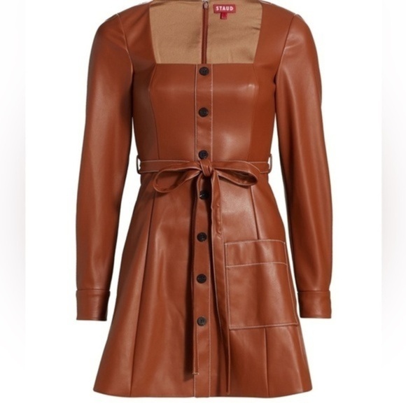 STAUD Oz Faux Leather Belted Dress Size Large - Picture 2 of 16